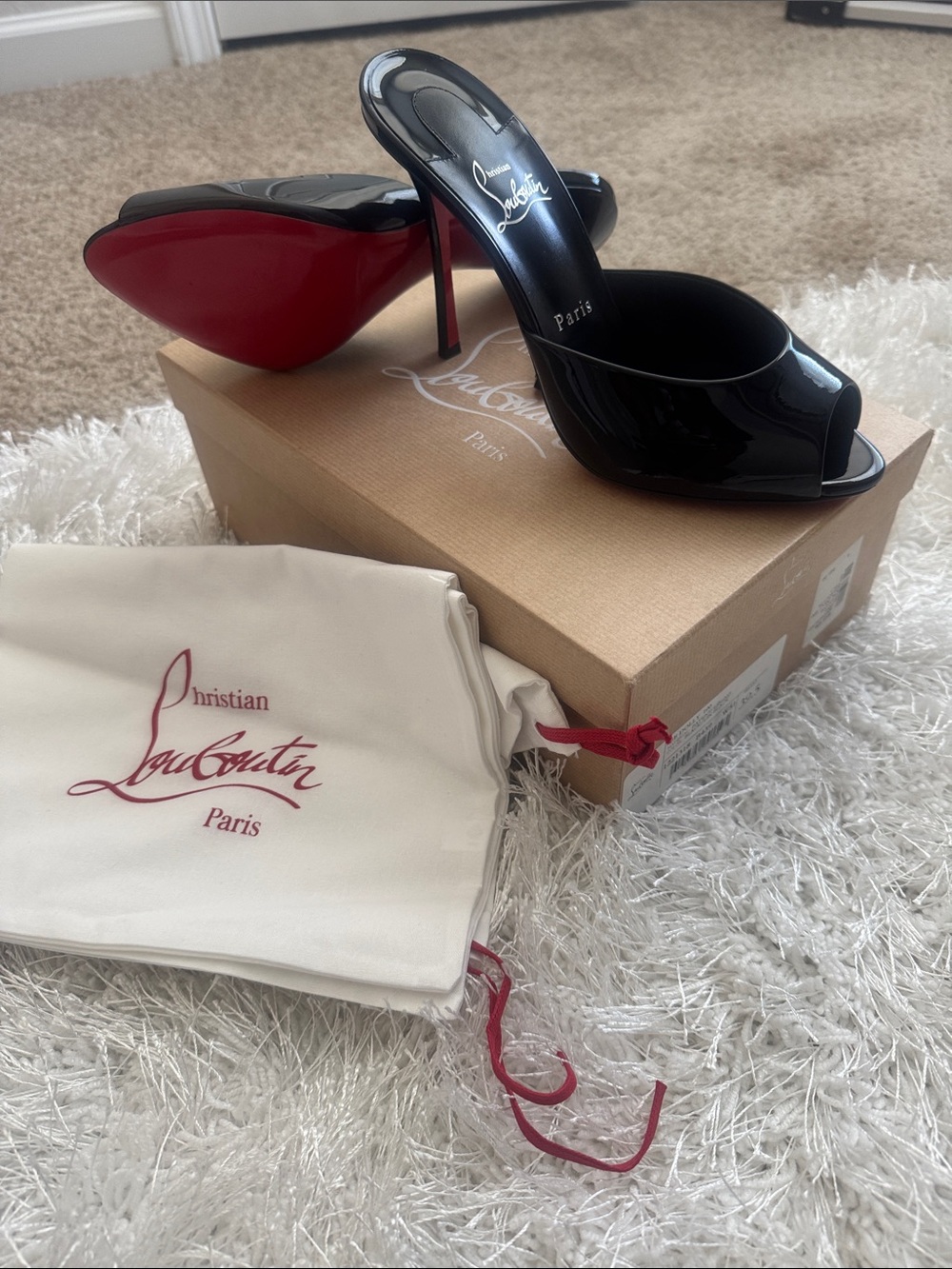 Christian Louboutin Black Patent Red Sole Open-Toe Mule Heels